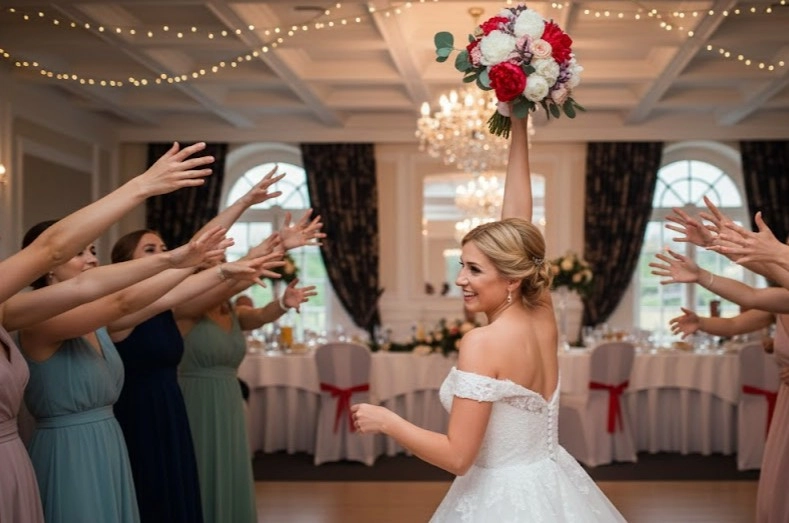 Rzut bukietem panny młodej podczas wesela